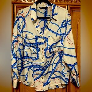 Zara Blue White button Up blouse XL